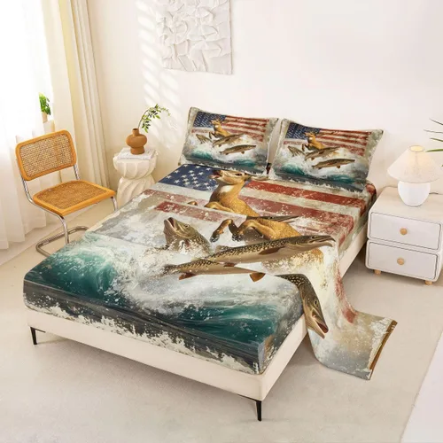 Miniatura 13 de Erosebridal American Flag Bed Sheets Twin Army Green Camo Deep Pocket Fitted Sheet for Kids Boys Girls Bear Claw Hunting Theme Bedding Set Camoflage