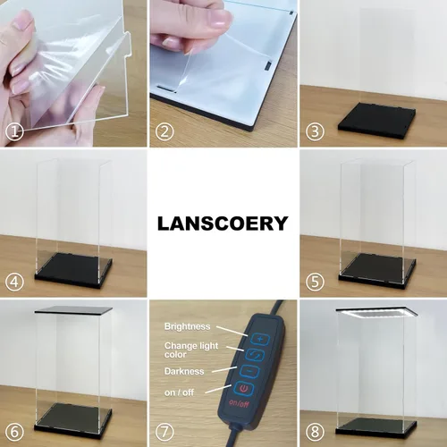 Miniatura 5 de LANSCOERY Vitrina de acrílico con luz LED ajustable amarilla/blanca/cálida, caja transparente de protección UV, vitrina a prueba de polvo