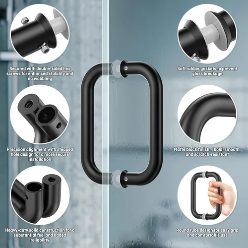 Miniatura 3 de Ranbo Manija tubular de puerta de ducha trasera con espalda negra mate de 6 pulgadas (CTC), acero inoxidable 304 de 1/4 a 1/2 pulgadas de grosor