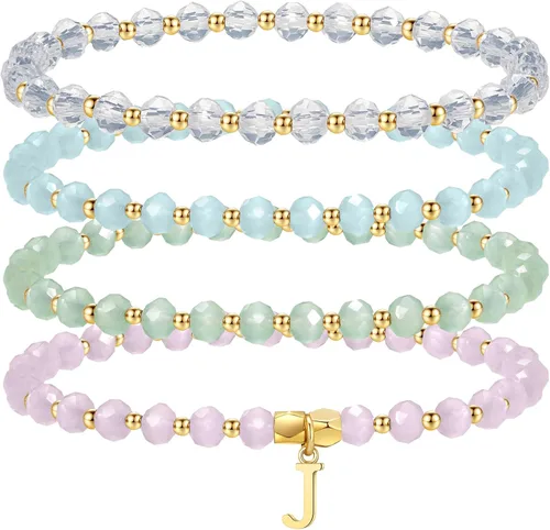 Miniatura 13 de IEFWELL Pulseras con iniciales para niñas y niños – Juego de 4 pulseras de cristal rosa/azul/blanco/verde, pulsera elástica para niños, joyería
