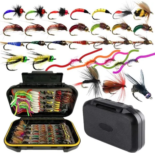 Fly Fishing Flies Kit Trout Steelhead Salmon Bass Flies Assortment 32Pcs-148pcs Include Dry Wet Flies Nymphs Streamers Maggot, Fly Lure Set