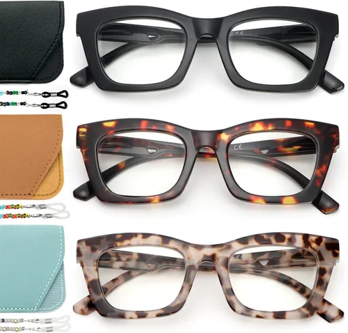 Miniatura 8 de REAVEE Paquete de 3 lentes de lectura estilo Oprah con cadena, lectores para mujer, bloqueo de luz azul con bisagra de resorte