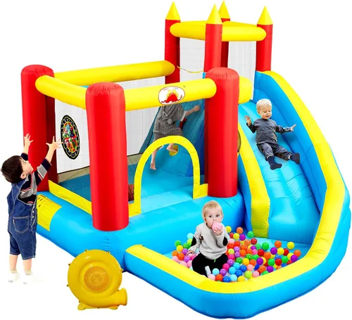 WELLFUNTIME - Casa inflable para saltar con tobogán, castillo hinchable con ventilador, pared de escalada, diana, aro de baloncesto y 50 pelotas