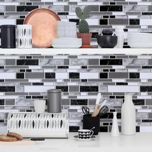 Miniatura 8 de Loseta en muro adhesiva de color blanco y negro para cocina, papel tapiz removible de 11.8 x 196.8 pulgadas, papel adhesivo con azulejos para baño