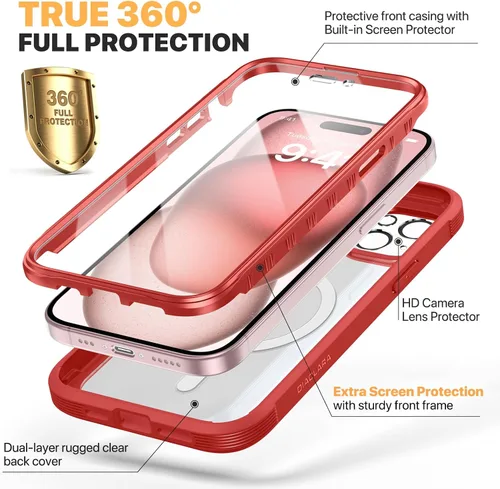 Miniatura 110 de Diaclara Funda diseñada para iPhone 16, mejorada [protección completa de la cámara], carcasa resistente de cuerpo completo con protector de pantalla