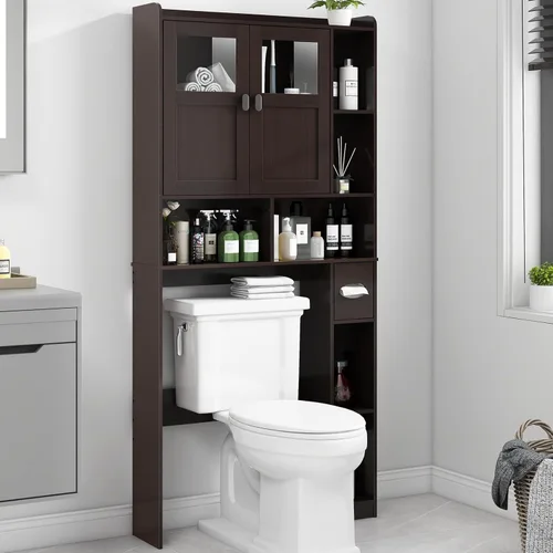 Miniatura 9 de Vabches Armario de almacenamiento sobre el inodoro con puertas dobles, soporte para papel higiénico y estante ajustable, ahorro de espacio Gris