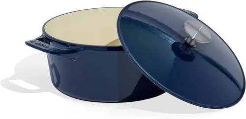 Utensilios de cocina Made In - Olla holandesa de 5.5 cuartos de galón - Azul - Hierro fundido esmaltado - Retención excepcional del calor y