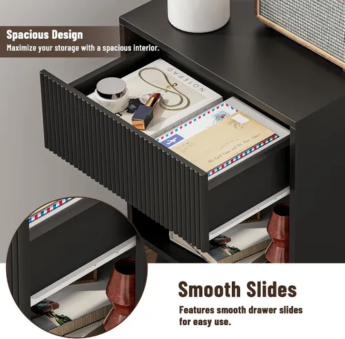 Miniatura 5 de Mesita de noche, mesa auxiliar moderna con cajones de almacenamiento y estante de madera abierto, mesita de noche con patas de madera maciza, mesas