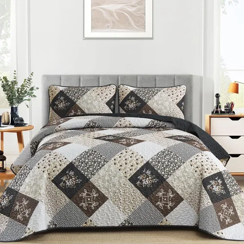Miniatura 8 de Dinjoy Juego de edredón floral a cuadros de retazos tamaño California King, juego de ropa de cama reversible marrón de microfibra suave, colcha