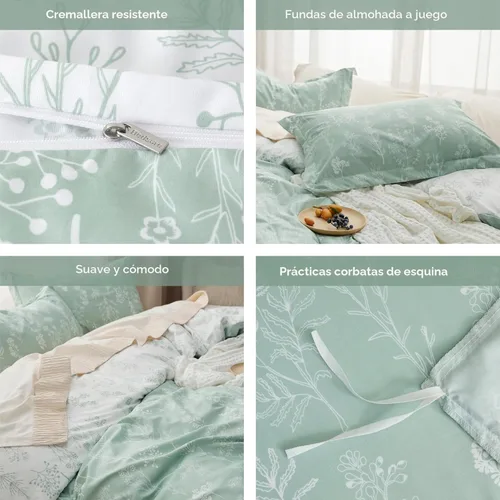 Miniatura 4 de Bedsure - Funda de edredón tamaño King, reversible floral verde, cierre de cremallera, 3 piezas, 1 funda de edredón 104 x 90 pulgadas, 8 lazos en 00
