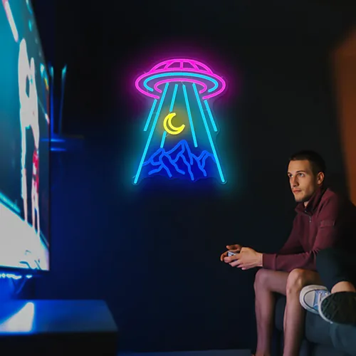 Miniatura 7 de Letrero de neón OVNI para decoración de pared, diseño de nave espacial de extraterrestre, montaña, letrero de neón regulable con luna LED, letrero