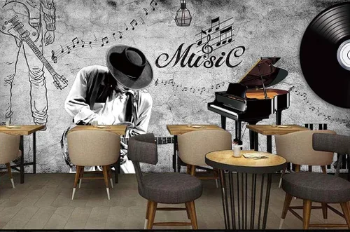 Miniatura 2 de Murwall Papel pintado de notas musicales Piano Mural de pared de música oscura Impresión de pared Guitarra Decoración de pared Café Diseño Sala