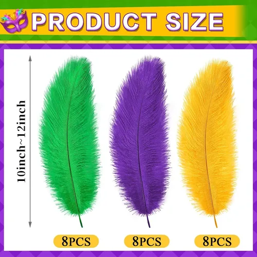 Miniatura 2 de MARFOREVER Plumas de Mardi Gras para manualidades y centros de mesa, paquete de 24, 10-12 pulgadas, plumas naturales verdes doradas y moradas