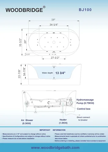 Miniatura 5 de WOODBRIDGE 59" x 151 cm Bañera independiente de hidromasaje con chorros de agua y burbujas de aire, con panel de control LED, BJ100, Blanca