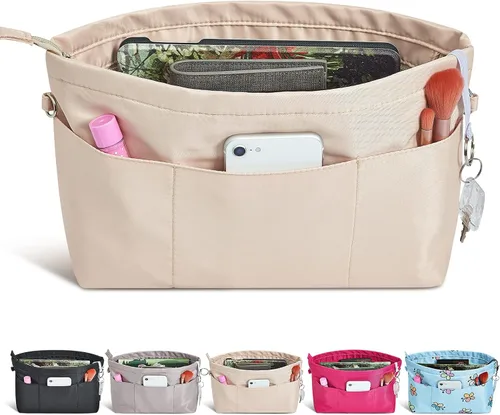 Vercord - Organizador de nailon para bolsos y bolsas, organizador de bolsa con cremallera, 13 bolsillos, tamaño L, color beige