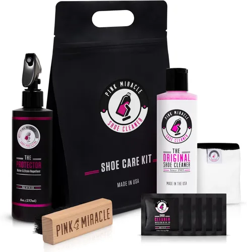 Kit de cuidado de zapatos Pink Miracle - Incluye limpiador de zapatos de 8 oz y cepillo, aerosol repelente para zapatillas The Protector, toallitas