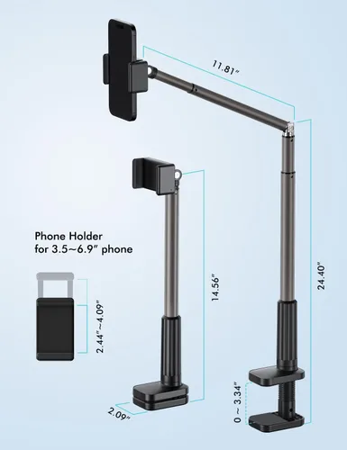 Miniatura 4 de Viozon Soporte para teléfono, brazo largo flexible, montaje superior, ángulo ajustable de 360°, aleación de aluminio, abrazadera C para cabecero