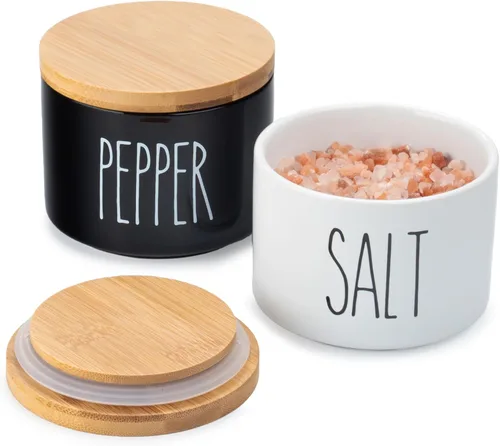 Heartland Home Cuencos de cerámica para sal y pimienta. Bodega de sal de doble soporte con tapa. Juego de recipientes de sal apilables en blanco y