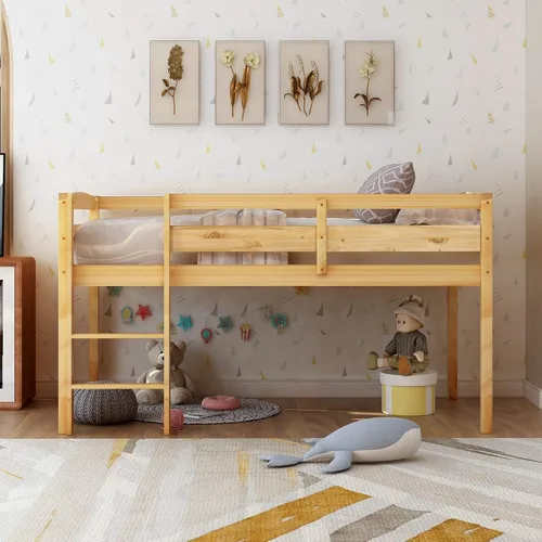 Cama alta baja para niños, cama alta junior con escalera, cama alta de madera individual para niñas y niños, no necesita somier, nogal