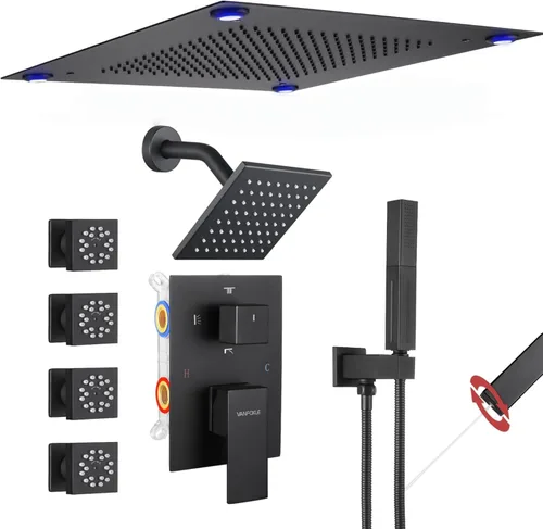 Miniatura 9 de VANFOXLE Juego de grifo de ducha dorado cepillado, grifo de ducha con 2 en 1 de mano, cabezal de ducha LED de 16 pulgadas, cabezal de ducha LED de 6
