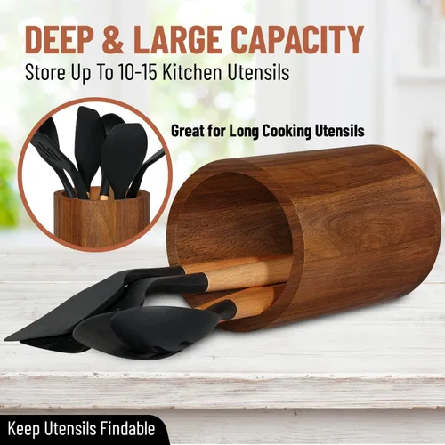 Miniatura 5 de Homeries Soporte para utensilios de madera de acacia para decoración de encimera de cocina, organizador de utensilios de cocina, organizador