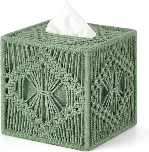 Mkono - Funda para caja de pañuelos de macramé cuadrado con fondo abierto para organizador de pañuelos Boho Decoración hecha a mano tejida en cubo