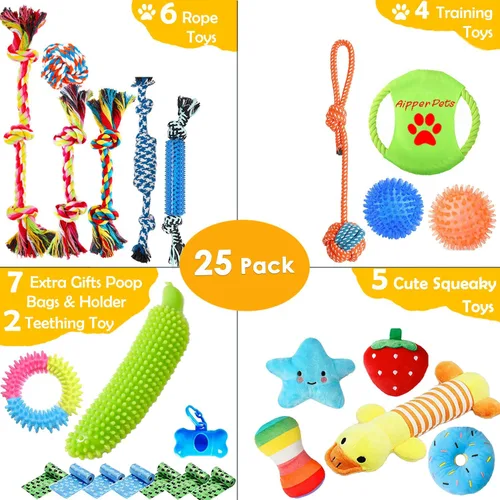 Miniatura 2 de Aipper Juguetes para perros, paquete de 25 unidades para diversión y limpieza dental, paquete de juguetes masticables para cachorros con juguete