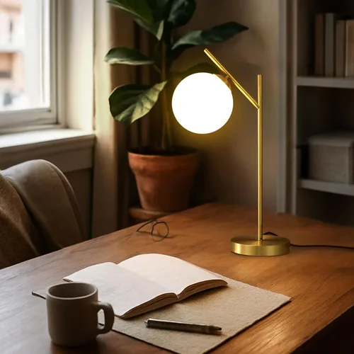 Miniatura 5 de Juego de 2 lámparas de mesa de globo, lámpara de escritorio de latón y vidrio con pantalla de vidrio blanco lechoso, lámpara de pie contemporánea