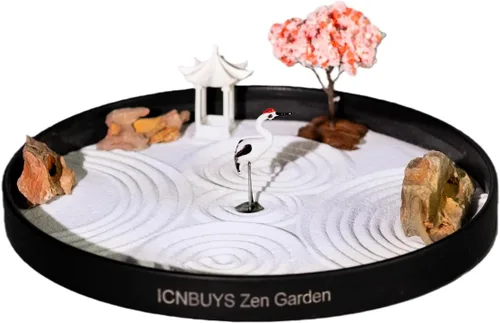 Juego de Grúa, Pabellón y Sakura para Jardín Zen, con Rastrillos Gratis y Base de Arena para Empujar Diámetro de la Bandeja 9.4 Pulgadas