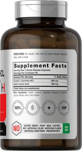 Miniatura 2 de Horbäach Acetil L carnitina HCL y ácido alfa lipoico 1200 mg 120 cápsulas Complejo ALC ALA Suplemento sin OMG y sin gluten