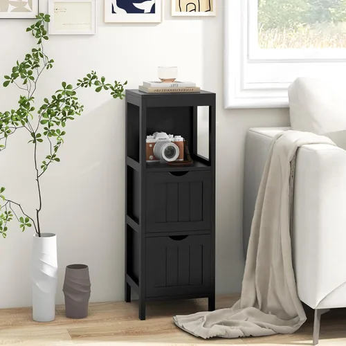 Miniatura 4 de Tangkula Armario de almacenamiento de baño pequeño con 2 cajones extraíbles, armario de piso independiente de madera para baño, dispositivo Negro