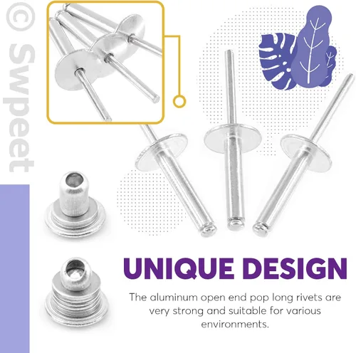 Miniatura 4 de Swpeet 260 piezas de 7 tamaños 3/16" 1/8" 5/32" - M3.2/4/4.8 Kit surtido de remaches ciegos de aluminio con brida grande, remaches plateados