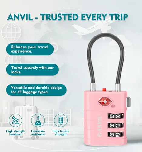 Miniatura 4 de ANVIL Cerraduras de equipaje aprobadas por la TSA - Cerraduras de viaje combinadas TSA008 de alta seguridad con indicador de inspección para maletas