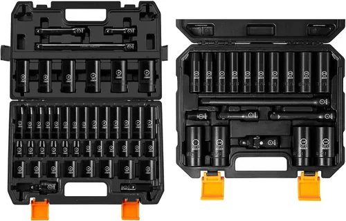 BOEN Juego de 64 llaves de impacto SAE y métricas de 1/2 pulgada, revestimiento de fosfato negro, diseño de 6 puntos, cumple con las normas ANSI