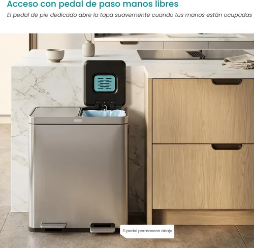 Miniatura 6 de Home Zone Living cubeta de basura de cocina de 16 galones con compartimentos duales para reciclaje, control de olor CleanAura, acero inoxidable