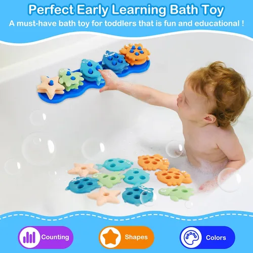 Miniatura 6 de Juguetes de baño para bebés, juguetes de baño de silicona para clasificar y apilar formas sin moho para niños de 1 a 3 años con 10 bonitas piezas