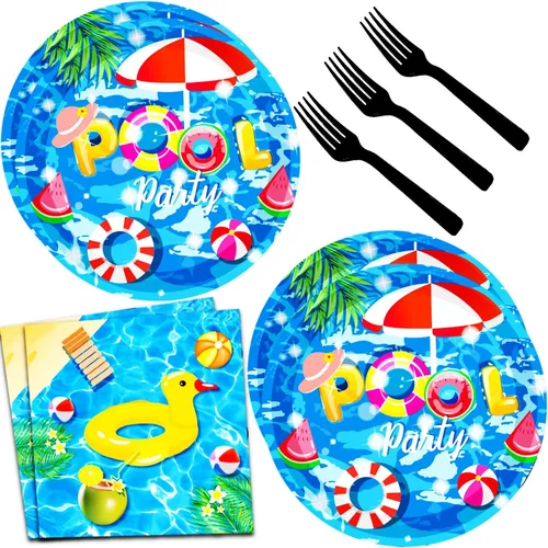 Juego de 60 piezas de vajilla para fiesta en la piscina, platos de fiesta en la piscina de 7 pulgadas y servilletas de piscina, tenedor para