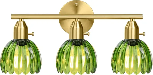 Miniatura 7 de Lámparas de baño – Luces de tocador doradas de 3 luces con pantalla de cristal de tulipán verde, accesorio de iluminación de baño de latón sobre Oro