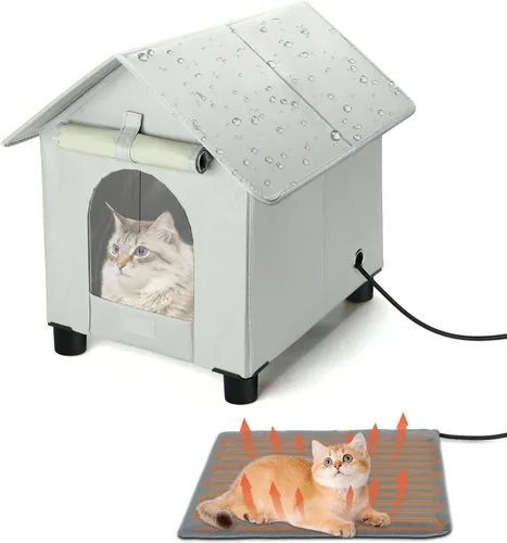 Miniatura 8 de Casas térmicas para gatos en invierno, impermeables, casa para gatos con calefacción elevada, aislada, exterior, refugio con puerta de escape