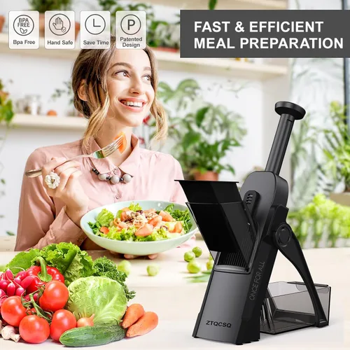 Miniatura 6 de Cortador de mandolina 5 en 1 seguro para cocina, picador de verduras seguro, cuchillo de pelar, grosor ajustable, fácil de limpiar, rebanador