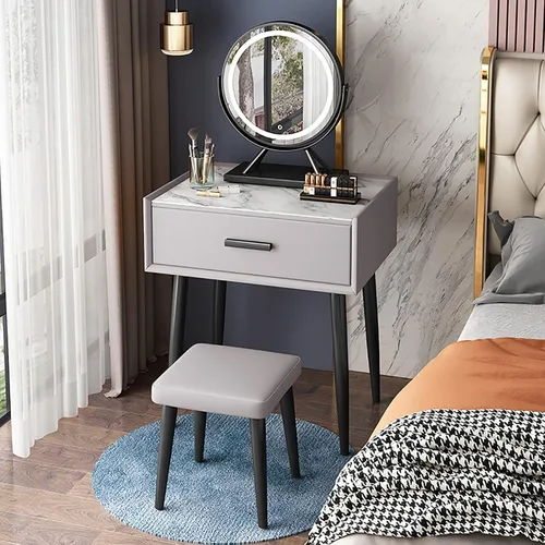 Miniatura 8 de Juego de mesa de tocador con espejo de brillo ajustable y taburete acolchado, mesa de maquillaje con cajón grande para mujeres, niñas pequeñas Gris