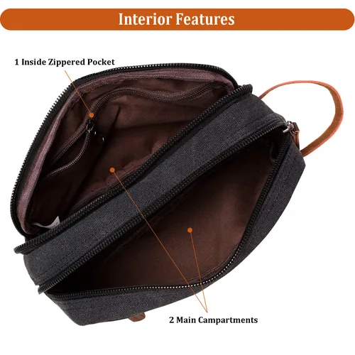 Miniatura 6 de Mactso Neceser para hombre, kit de viaje de cuero de lona vintage con 2 compartimentos, cremallera resistente, 9.5 x 5.5 x 4 pulgadas, organizador
