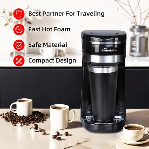 Miniatura 2 de Máquina de Café HousesAid, Cafetera de Porción Individual, Cafetera de Una Taza con Filtro Reutilizable y Botón de Control de Un Toque, Hervidor
