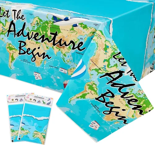 Miniatura 8 de WERNNSAI Mantel de viaje – 1 mantel de 108 x 54 pulgadas con mapa del mundo Adventure World Awaits Bon Voyage - Decoraciones de fiesta