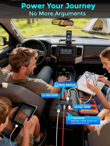 Miniatura 3 de Divisor de encendedor de cigarrillos 5 en 1, adaptador de cargador de coche de 180W con USB PD/QC de 30W (cable de 6.6 pies), enchufe de batería