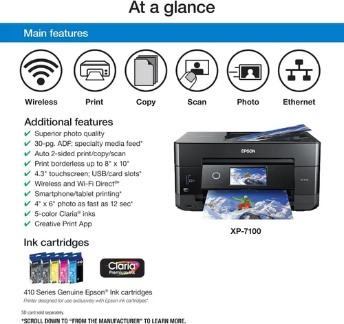 Miniatura 4 de Epson Expression Premium XP-7100 Impresora fotográfica inalámbrica a color con ADF, escáner y copiadora, negro, papel fotográfico pequeño y ultra