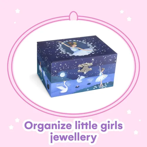 Miniatura 2 de Jewelkeeper Caja de almacenamiento de joyería musical para niña con bailarina giratoria, diseño de purpurina, tono de lago de cisne