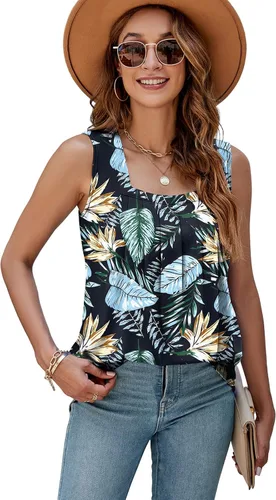 Miniatura 2 de AGSEEM Camisetas sin mangas de verano para mujer, ajuste holgado, plisado, cuello cuadrado, sin mangas, dobladillo curvado, fluido