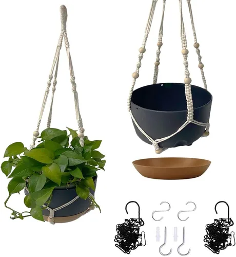 Miniatura 9 de Macetas colgantes de autorriego, juego de 2 colgadores de plantas de macramé bohemio, macetas colgantes con drenaje para interiores y exteriores