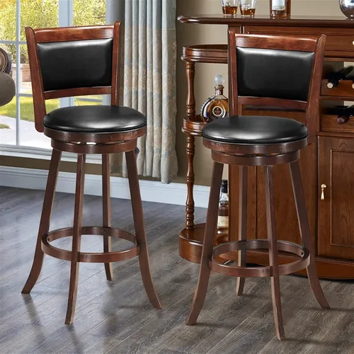 Miniatura 4 de Taburetes de bar altos de 29 pulgadas con respaldo y cojín de PVC, silla de comedor de madera, asiento tapizado, silla retro para sala de estar